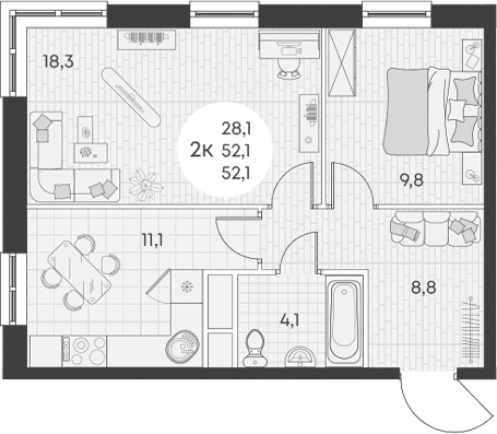 Планировка — Green Apple, 2-комн., 52 м²