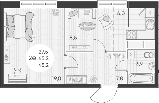 Планировка — Green Apple, 2-комн., 45 м²