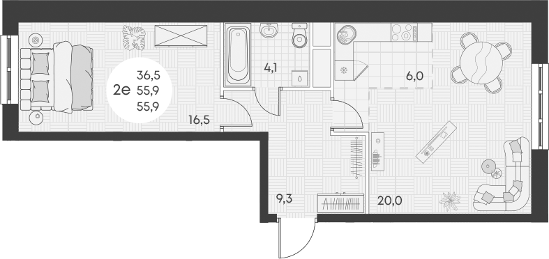 Планировка — Green Apple, 2-комн., 56 м²