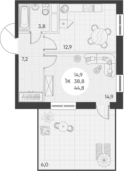 Планировка — Green Apple, 1-комн., 39 м²