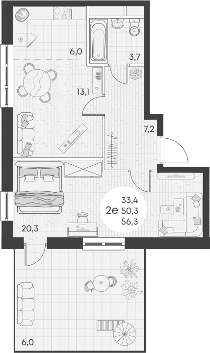 Планировка — Green Apple, 2-комн., 50 м²