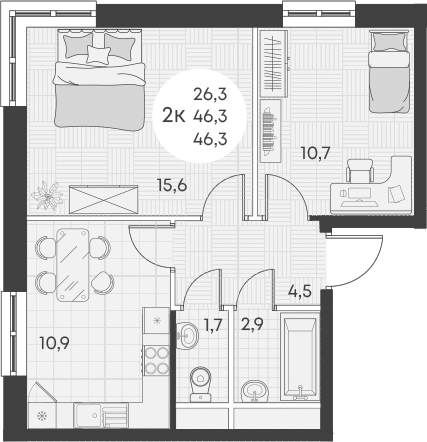 Планировка — Green Apple, 2-комн., 46 м²