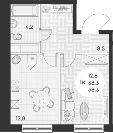 Планировка — Green Apple, 1-комн., 38 м²