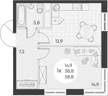 Планировка — Green Apple, 1-комн., 39 м²