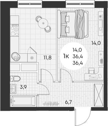 Планировка — Green Apple, 1-комн., 36 м²
