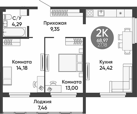 Планировка — Урбан парк, 2-комн., 65 м²