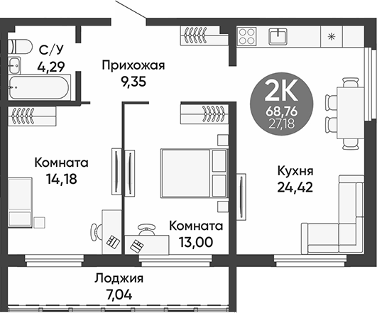 Планировка — Урбан парк, 2-комн., 65 м²