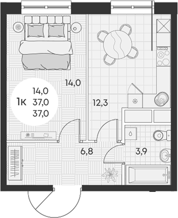 Планировка — Green Apple, 1-комн., 37 м²