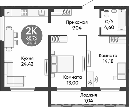 Планировка — Урбан парк, 2-комн., 65 м²