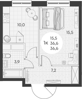Планировка — Green Apple, 1-комн., 37 м²