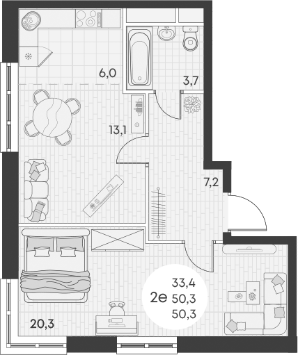 Планировка — Green Apple, 2-комн., 50 м²
