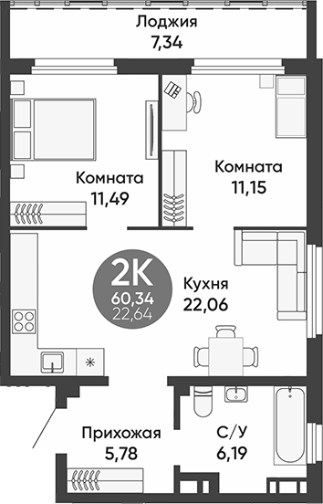 Планировка — Урбан парк, 2-комн., 57 м²