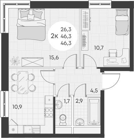 Планировка — Green Apple, 2-комн., 46 м²