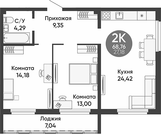 Планировка — Урбан парк, 2-комн., 65 м²