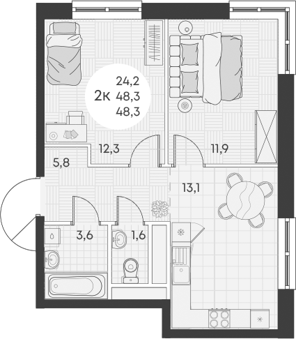 Планировка — Green Apple, 2-комн., 48 м²