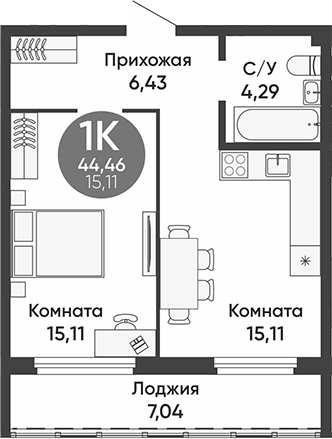 Планировка — Урбан парк, 1-комн., 41 м²