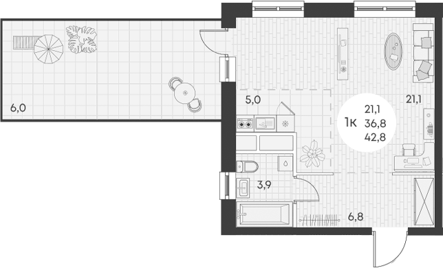 Планировка — Green Apple, Студия, 37 м²