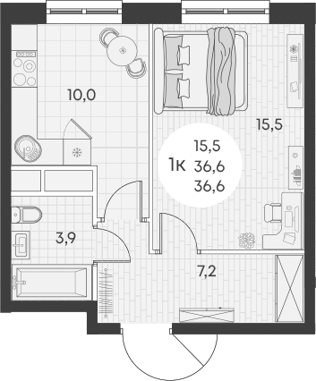 Планировка — Green Apple, 1-комн., 37 м²