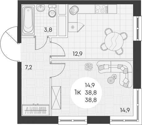 Планировка — Green Apple, 1-комн., 39 м²