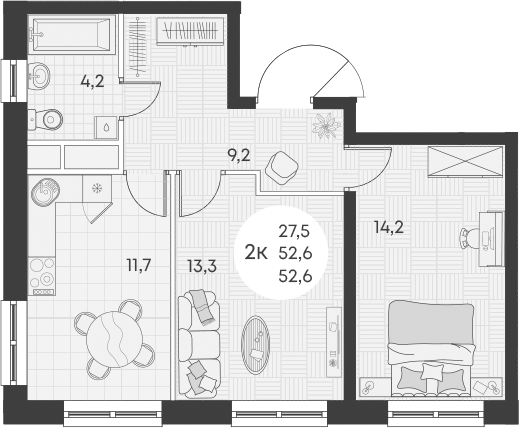 Планировка — Green Apple, 2-комн., 53 м²