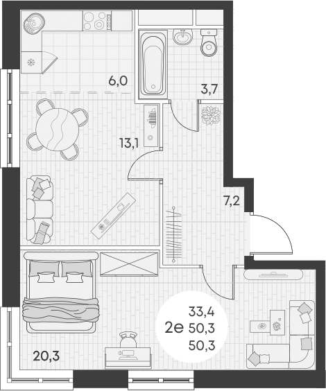 Планировка — Green Apple, 2-комн., 50 м²