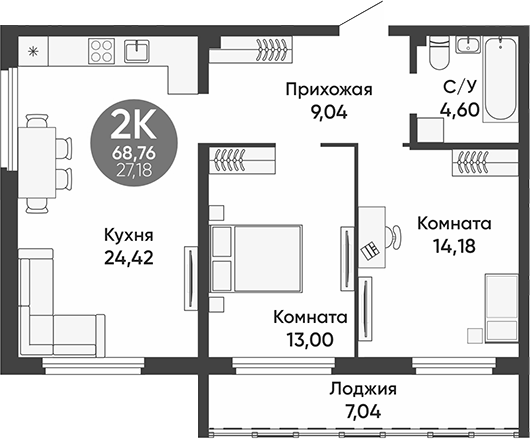 Планировка — Урбан парк, 2-комн., 65 м²
