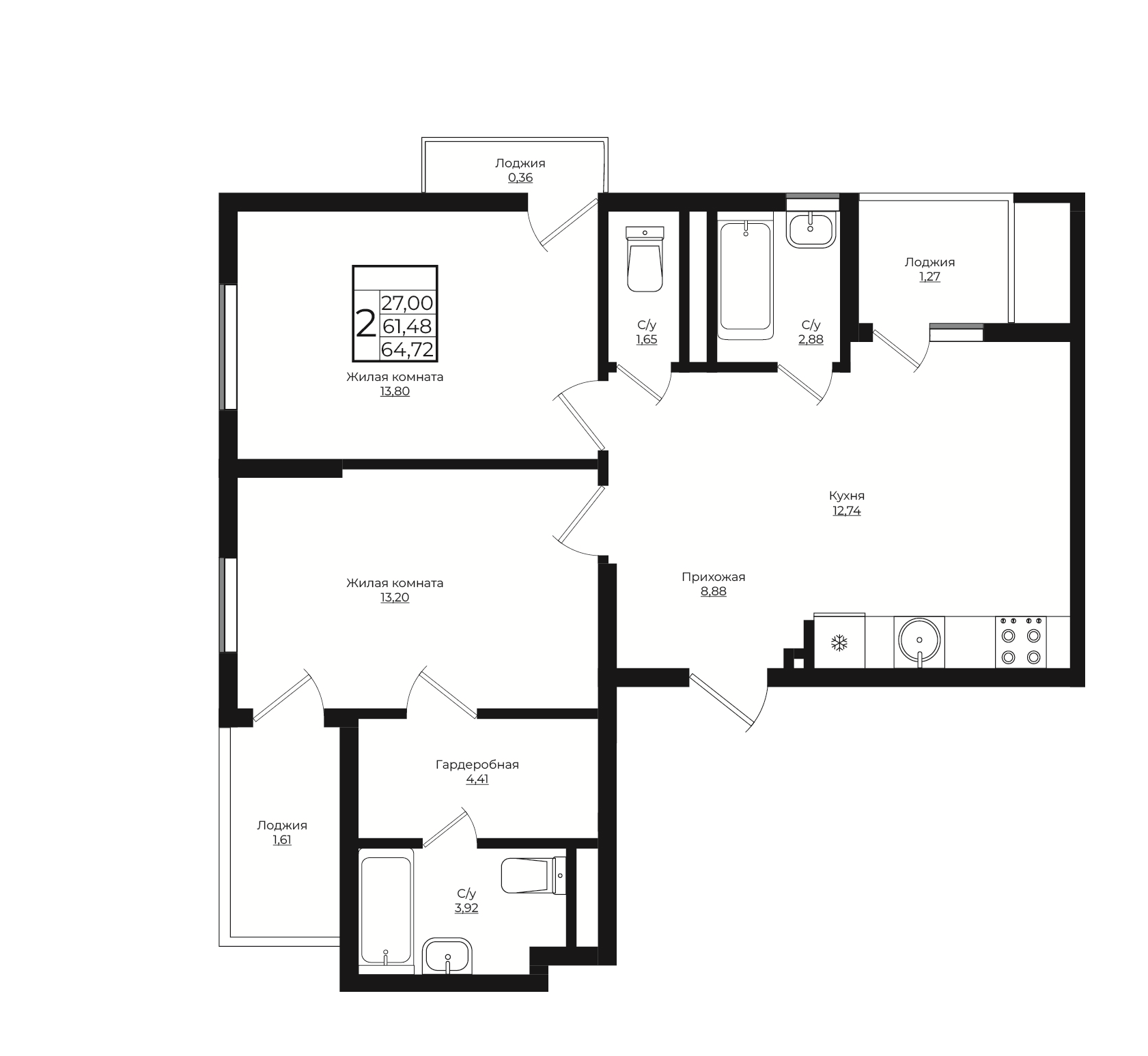 Планировка — Европа-Сити, 2-комн., 63 м²