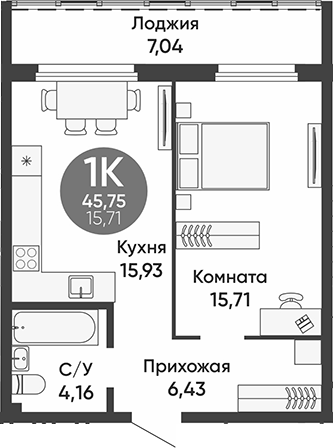 Планировка — Урбан парк, 1-комн., 42 м²