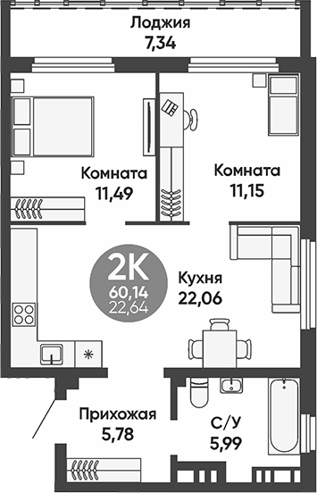 Планировка — Урбан парк, 2-комн., 56 м²