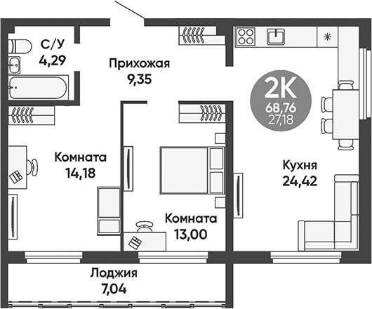 Планировка — Урбан парк, 2-комн., 65 м²