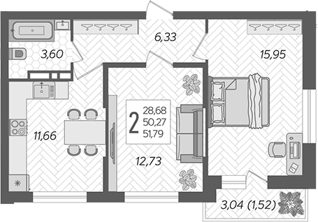 Планировка — Смородина, 2-комн., 50 м²