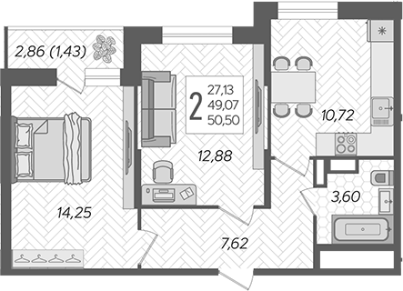Планировка — Смородина, 2-комн., 49 м²
