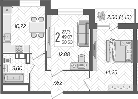 Планировка — Смородина, 2-комн., 49 м²