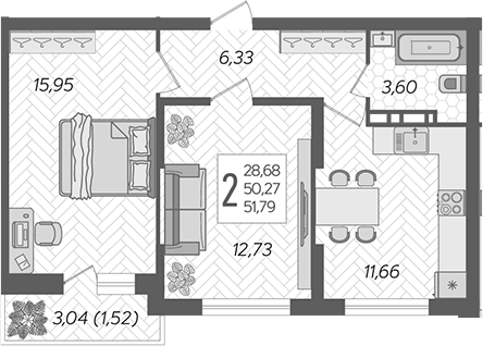 Планировка — Смородина, 2-комн., 50 м²