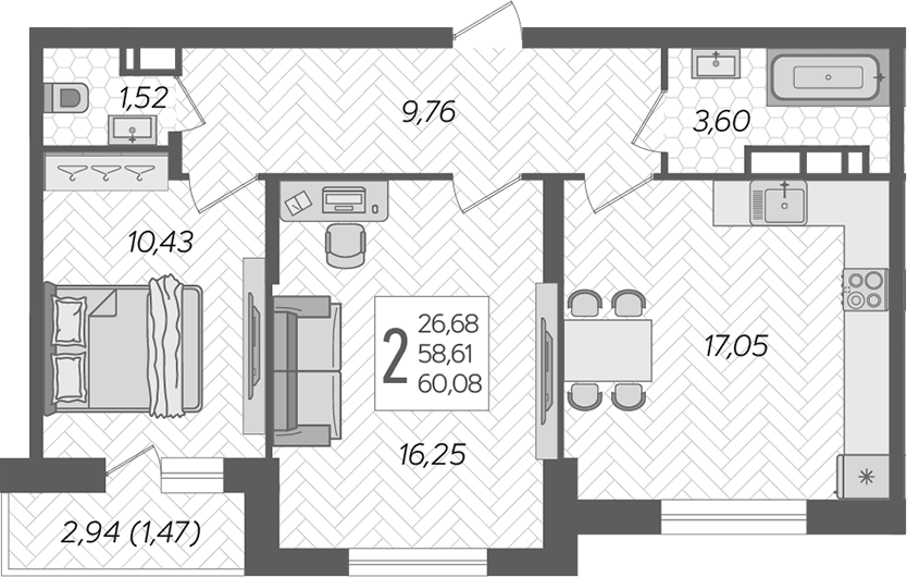 Планировка — Смородина, 2-комн., 59 м²