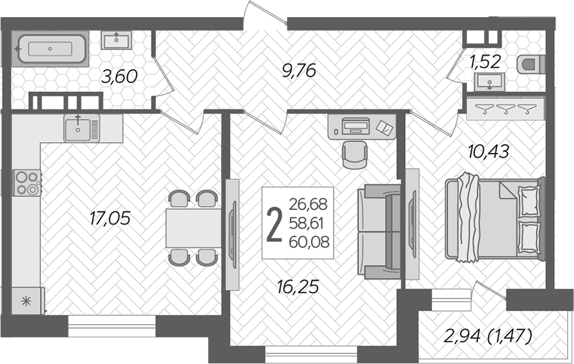 Планировка — Смородина, 2-комн., 59 м²