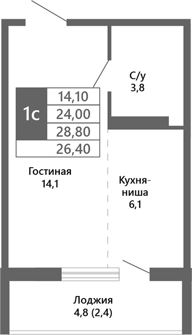 Планировка — Лучи. Кемерово, Студия, 24 м²