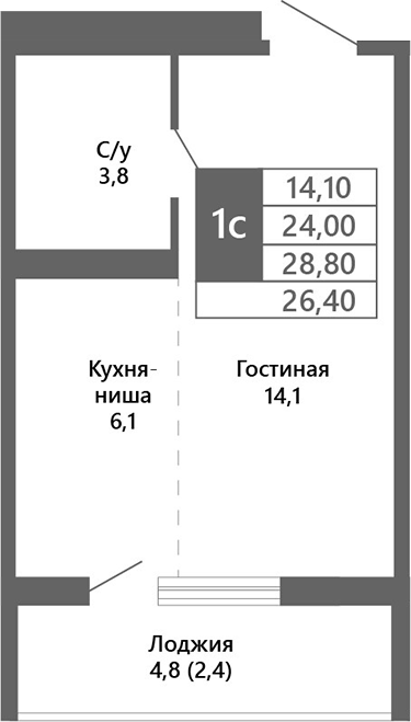 Планировка — Лучи. Кемерово, Студия, 24 м²