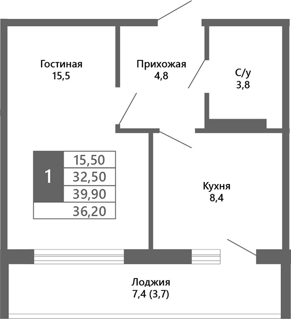 Планировка — Лучи. Кемерово, 1-комн., 33 м²