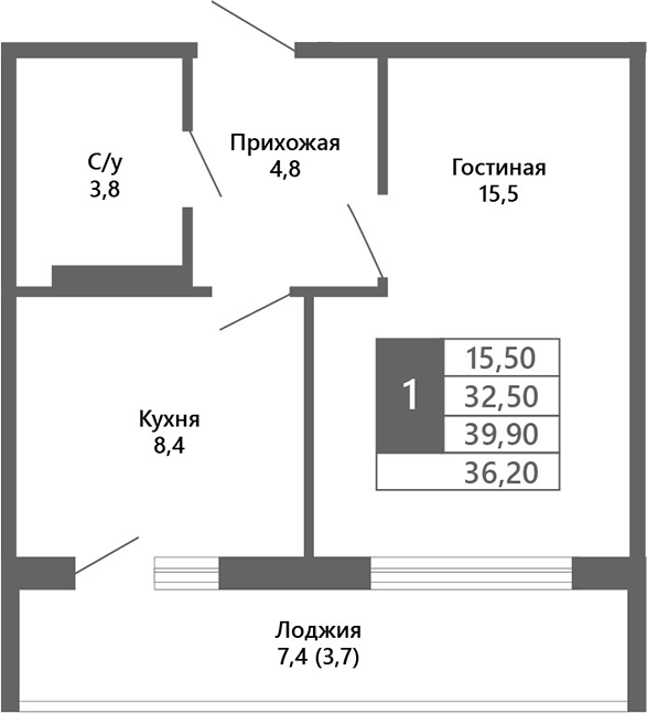 Планировка — Лучи. Кемерово, 1-комн., 33 м²