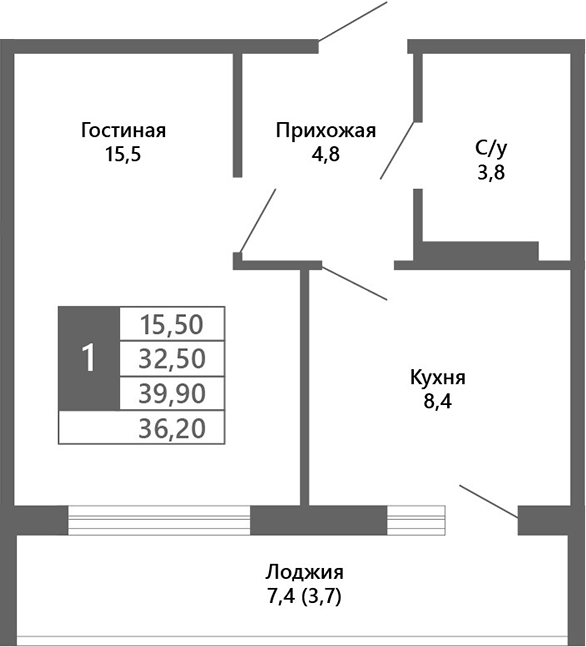 Планировка — Лучи. Кемерово, 1-комн., 33 м²