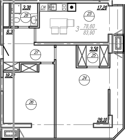 Планировка — АКСИС Центр, 3-комн., 79 м²