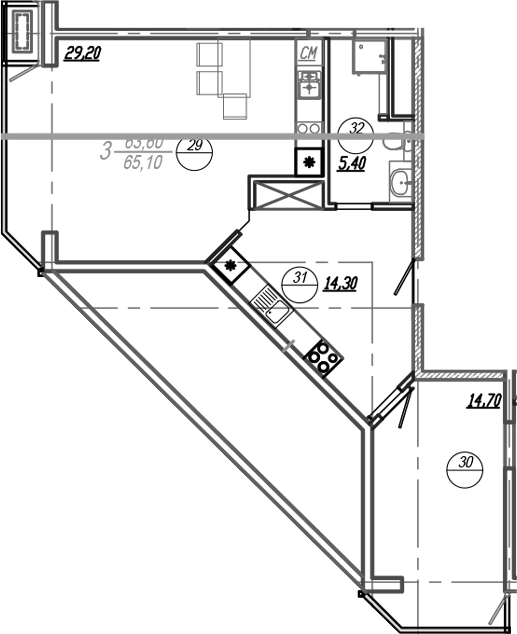 Планировка — АКСИС Центр, 3-комн., 80 м²