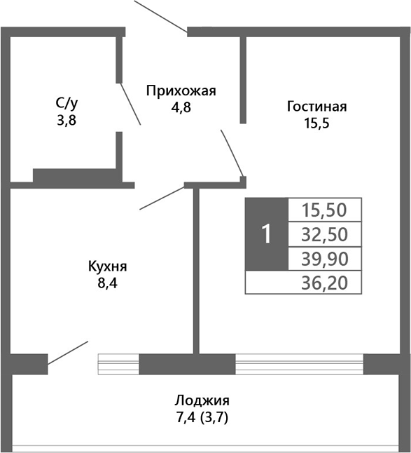 Планировка — Лучи. Кемерово, 1-комн., 33 м²