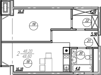 Планировка — АКСИС Центр, 2-комн., 46 м²