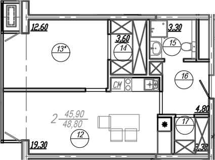 Планировка — АКСИС Центр, 2-комн., 46 м²