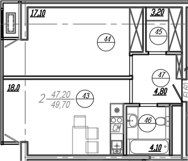 Планировка — АКСИС Центр, 2-комн., 47 м²