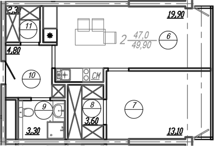 Планировка — АКСИС Центр, 2-комн., 47 м²