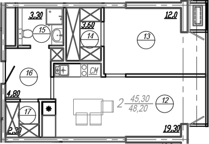 Планировка — АКСИС Центр, 2-комн., 45 м²
