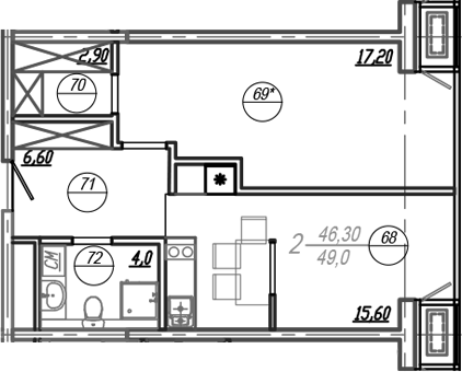 Планировка — АКСИС Центр, 2-комн., 46 м²